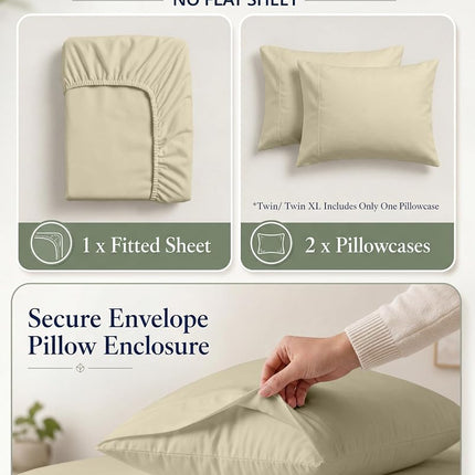 LANE LINEN King Fitted Sheet, 100% Organic Cotton, 3-Piece Set (1 Fitted Sheet,2 Pillowcases), Percale Weave, Ultra Soft, Breathable,Fits Mattress Upto 15" Deep - Linen (No Flat Sheet)