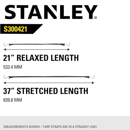 STANLEY S300421 Black 21" All-Weather Rubber Bungee Cords with S-Hooks for Securing Tarps, Flatbed Hauler and Boat Covers, Storage, and Cargo, 10 Pack