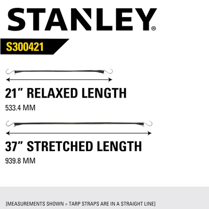 STANLEY S300421 Cuerdas elásticas de goma para todo tipo de clima, 21" (53 cm), color negro, con ganchos en S para asegurar lonas, remolques de plataforma y cubiertas de barco, almacenamiento y carga, paquete de 10