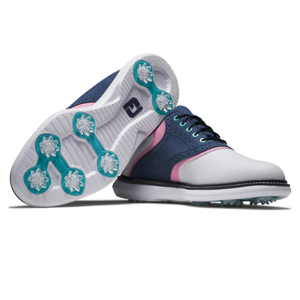 FootJoy Men's Traditions Golf Shoe, White/Blue/Pink, 7.5 Wide