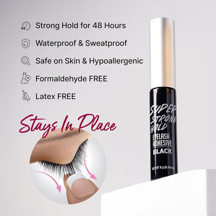 i•ENVY Super Strong Hold Eyelash Adhesive, Waterproof, 48-Hour Long-Lasting Lash Glue, Latex-Free, Hypoallergenic, Quick-Drying with Brush-On Applicator for Strip Lashes (Black, 1 Pack)