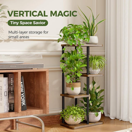 Bamworld Tall Plant Stand Indoor, Metal Plant Shelf for Multiple Plants, Tiered Flower Pot Stands for Patio Garden Balcony Living Room Bedroom, 4 Tier Brown