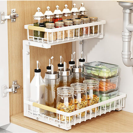 Under Sink Organizer, Under Kitchen Sink Organizers and Storage Basket, Slide Out 2 Tier Metal Shelf, Carbon Steel Pantry Cabinet Organizer for Bathroom Kitchen