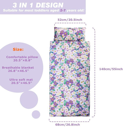 Hi Sprout Nap Mat with Removable Pillow and Soft Blanket, Lightweight Daycare Preschool Kindergarten Sleeping Bag, Travel Slumber for Kids Girls Boys (Blooming Flowers)