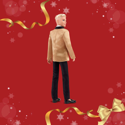 Barbie Signature 2025 Holiday Blonde Ken Collectible Fashion Doll wearing Full Suit with Golden Jacket in Displayable Packaging & Doll Stand, JGK55