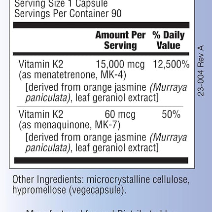 Relentless Improvement Vitamin K2 MK4 Plus MK7 Vegan Naturally-Derived Vege-Caps 90 Count