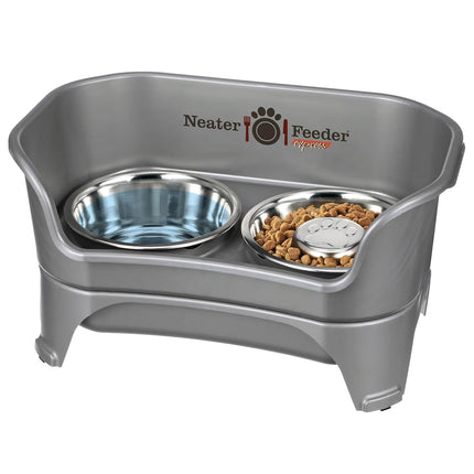 Neater Feeder - Express Model w/Slow Feed Bowl - Mess-Proof Dog Bowls (M/L, Grey) Made in USA � Elevated, No Spill, Non-Tip, Non-Slip, Raised Stainless Steel Food/Water Pet Bowls Aid Digestion