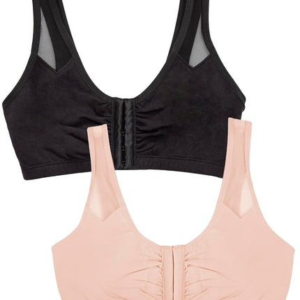 Fruit of the Loom Women's Comfort Front Close Sport Bra with Mesh Straps, Black Hue/Sand, 40