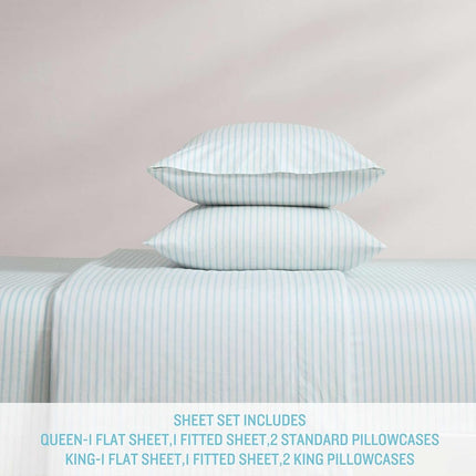 Tommy Bahama - Queen Sheet Set, Cotton Percale Bedding Set, Super Soft and Cozy Home Decor, Oeko-Tex Certified (Cool Beach Stripe Turquoise, Queen)