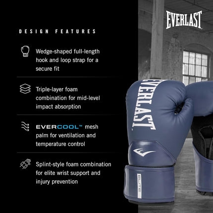 Everlast Elite 2 16oz Boxing Gloves, Navy Boxing Gloves for Bags, Mitt Work & Sparring, Hook and Loop Strap, Ergonomic Grip Bar, Split-Style Foam Combination - Authentic Everlast Gear