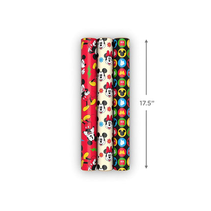 Hallmark Disney Mickey Mouse Wrapping Paper Mini Rolls, 3-Pack (Mickey, Minnie, Mouse Ears, Red and Black) for Birthdays, Graduations, Celebrations, Any Occasion - 45 Sq. Ft. Total