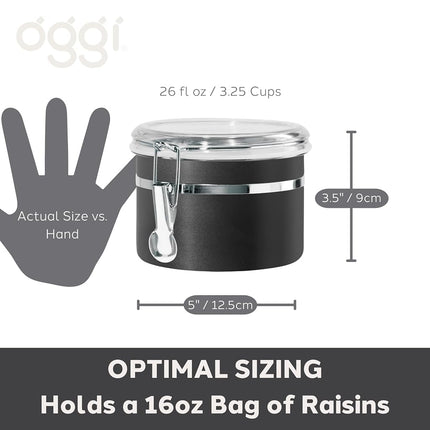 Oggi Stainless Steel Kitchen Canister 26 fl oz, Black - Airtight Clamp Lid, Clear See-Thru Top - Ideal for Kitchen Storage, Food Storage, Pantry Storage. Size 5" x 3.5".