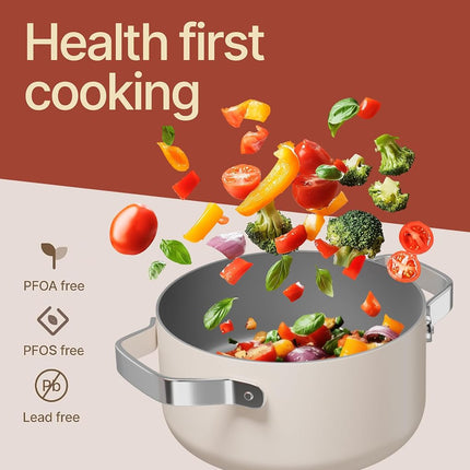 Cream 3 Quart Aluminum Stock Pot with Lid, Nonstick Ceramic Coated Boiling Pot, PTFE & PFAS Free, Oven Safe to 500°F, Riveted Stainless Steel Handles, Tempered Glass Lid, All Stove Compatible