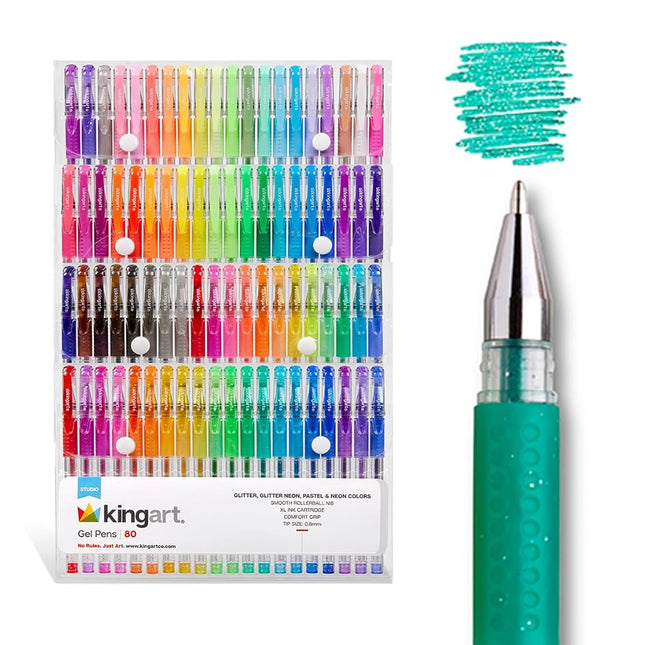 KINGART 400-80 Glitter Rollerball Gel PENS, 80 Sparkling Colors with Soft-Grip Comfort, XL Ink Cartridge - for Coloring, Doodling, Scrapbooking, Journaling and General Use, All Ages, 80 Pens