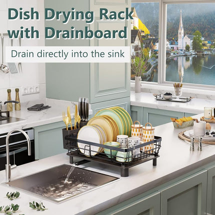 AIDERLY Iron Dish Drying Rack with Drainboard Dish Drainers for Kitchen Counter Extendable Spout Strainers with Utensil Holder and Knife Slots, Brown