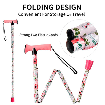 CLOKTA Folding Cane - Walking Cane for Men and Women - Floral,Foldable,Lightweight,Adjustable,Portable Hand Walking Stick-Canes for Seniors & Adults,Comfortable T Handles Walking Stick (Pink Floral)