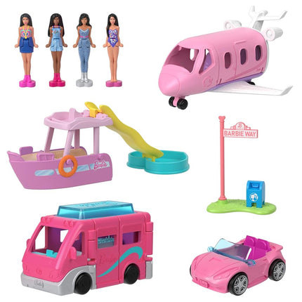 Barbie Mini BarbieLand 4-Pack Doll & Toy Vehicle Set with 4 1.5-inch Dolls & 4 Iconic Toy Vehicles with Color-Change Surprise, JDB85