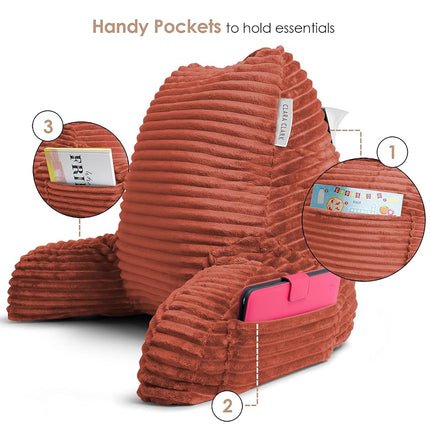 Clara Clark Reading Pillow for Bed Adult –Back Pillow for Sitting in Bed, Standard Plush Bed Pillows for Sitting Up in Bed, Shredded Foam Bed Chair Pillow with Arms and Pockets, Misty Bed Rest Pillow