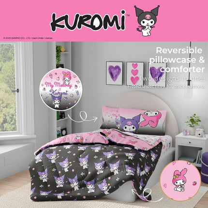 Franco Sanrio Kuromi & My Melody Bedding 7 Piece Super Soft Cozy Reversible Comforter and Sheet Set with Sham, Full, (Officially Licensed Product)