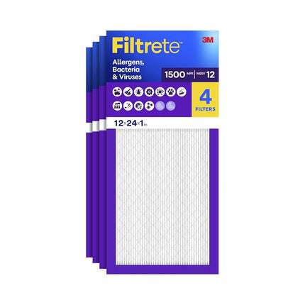 Filtrete 12x24x1 AC Furnace Air Filter, MERV 12, MPR 1500, CERTIFIED asthma & allergy friendly, 3 Month Pleated 1-Inch Electrostatic Air Cleaning Filter, 4-Pack (Actual Size 11.69 x 23.69 x 0.78 in)