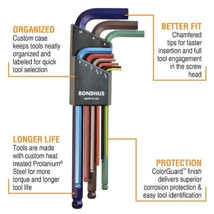 Bondhus 69499 Ball End L-Wrench Set with Colorguard Finish, 9 Piece Multicolour'