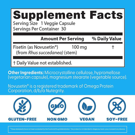 Doctor's Best Fisetin with Novusetin, Non-GMO, Vegan, Gluten Free, Soy Free, 100 mg, 30 Veggie Caps