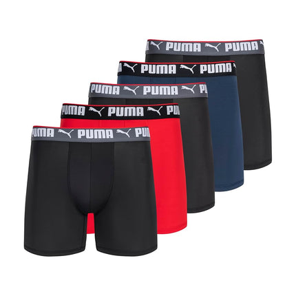 PUMA Men's 5 Pack Performance Boxer Briefs, Navy/R