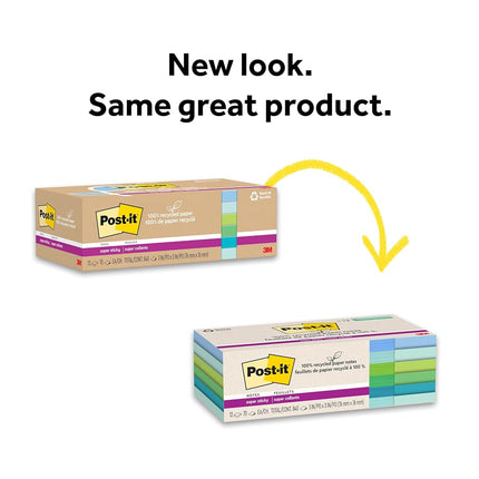 Post-it 100% Recycled Paper Super Sticky Notes, 2X The Sticking Power, 3x3 in, 12 Pads, 70 Sheets/Pad, Oasis Collection (654R-12SST)