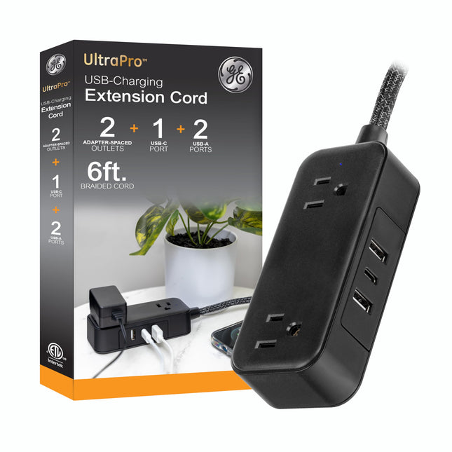 GE Flat Plug Power Strip Extension Cord with USB P