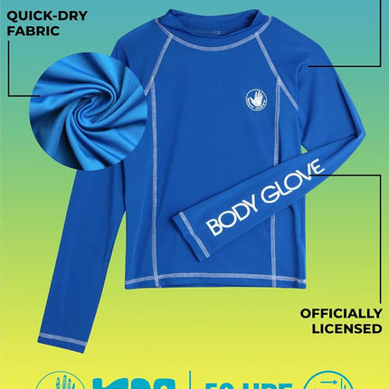 Camisa de natación Body Glove para niños - Protección solar UPF 50+, de secado rápido, manga larga, protector contra erupciones para niños y jóvenes (5-14 años), manga larga azul real, talla 12