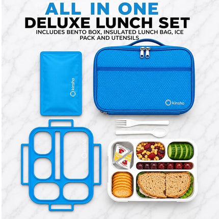 Bento-Box with Bag and Ice Pack Set. Lunch Boxes Snack Containers for Kids Boys Girls Adults. 6 Compartments, Leakproof Portion Container Boxes Insulated Bags for School Lunches, Blue