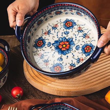 Bicuzat Blue and Orange Flower Vintage Style Ceramic Bakeware Casserole Lasagna Pans Baking Dish with Handles for Oven/Cooking/Kitchen-1 PCS-32 OZ