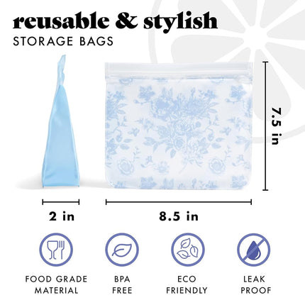 Sacs à sandwich réutilisables Fit & Fresh (Lot de 3) – Sacs de conservation alimentaire réutilisables, étanches, sans BPA, compatibles congélateur, écologiques pour snacks, déjeuner, préparation de repas, Toile florale bleue