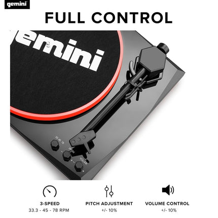 Gemini Pro Audio Modern 3 Speed Bluetooth Classic Vinyl Record Player Turntable with Dual 50W Dynamic Stereo Speakers for Stereo System for Home with Stylus and Cartridge