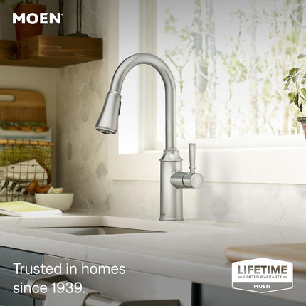 Moen 87801SRS Conneaut Grifo de cocina monomando extraíble con Reflex y Power Clean, acero inoxidable resistente a las manchas