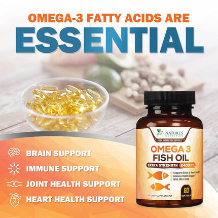 Omega 3 Fish Oil Supplements - 2400mg Fish Oil Per Serving - Triple Strength Omega-3 with EPA & DHA Fatty Acids - Natural Heart, Brain & Immune Support - Wild Caught, Bottled in USA - 60 Softgels
