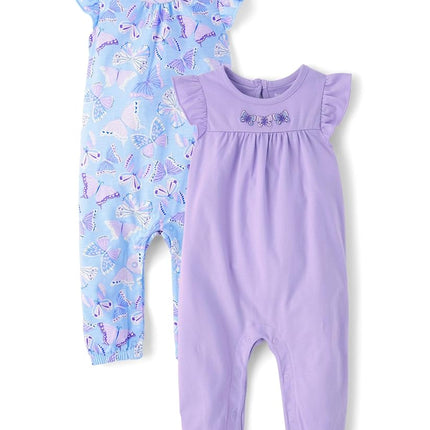 The Children's Place baby-girls And Newborn Sleeveless Pant Romper Playwear Outfit, Butterfly/Purple 2-pack, 0-3 Months