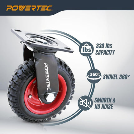 POWERTEC 6 Inch Caster Wheels Set of 8, Heavy Duty Swivel Plate Casters with Rubber Knobby Tread for Workbench, Dolly, Cart, Trolley, Wagon and Chicken Coop, Large Rubber Castor Wheels (17050-P8)