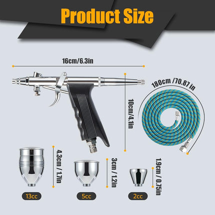 Airbrush Kit, Air Brush Painting Set, Double Action Trigger Airbrush Gun with 0.3mm/0.5mm/0.8mm Needles, 2cc/5cc/13cc Paint Cup, Airbrush Spray Tool Set for Painting Nails Cake Tattoo Makeup