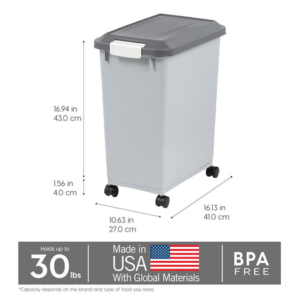 IRIS USA Dog Food Storage Container with Wheels, Airtight Lid, 2-Cup Scoop, Up to 30 Pounds Pet Food Storage, Built in Scoop Storage in Lid, Versatile Pet Food Bin, Portable, BPA Free, Gray/Dark Gray