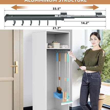 PrimZooty Pull Out Broom Holder, Multifunctional Slide Broom And Mop Storage/Organizer With Adjustable Double Row Sliding Hook, Garage Organization Hooks, for Closet Laundry Garage - Dark grey - 36cm