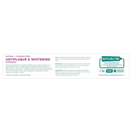 Tom's of Maine Antiplaque and Whitening Fluoride Free Toothpaste, Spearmint, 5.5 Ounce, 2 Count