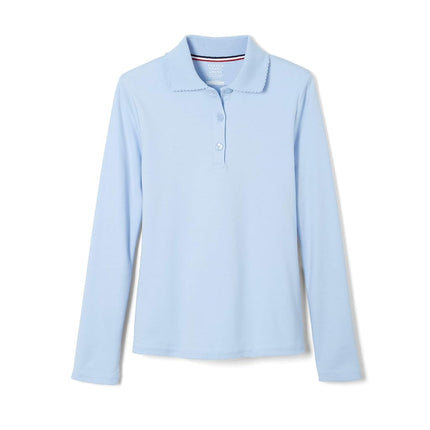 Polo de manga larga interlock para niñas French Toast con cuello picot, azul claro, 10-12 Plus