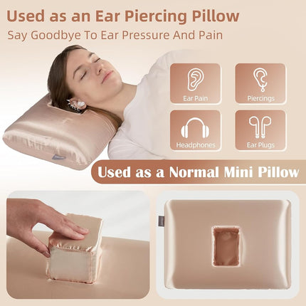 USlixury Piercing Pillow - Ear Piercing Pillow with Foam Plug, 4''H Ear Pillow with 4.7 * 3.2 and Off Center Ear Hole, CertiPUR-US Memory Foam Piercing Pillow for Side Sleeper, Satin Cover, Champagne