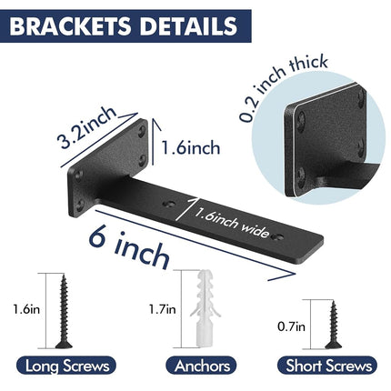 Starunder 8 Pack Floating Shelf Brackets, 6 Inch Heavy Duty Industrial Shelf Bracket, Black Metal L Brackets for Shelves Support DIY(1/5 Inch Thicked)