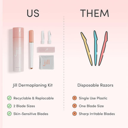 JILL Kit de Rasoirs Dermaplane pour Femmes | Kit de Dermaplaning Épilation du Visage Incluant 1 Manche, 2 Rasoirs Peaux Sensibles & Lingette Nettoyante
