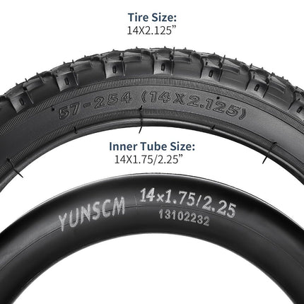 YunSCM 2 PCS,14x2.125 Bike Tires,14x2.125 57-254 Bike Tyres + Bike Inner Tube Schrader Valve 32mm,Compatible with 14 2.125 Kids Bike Tire,Mountain Bike and Cross Country Bike,and Tube,Y-234