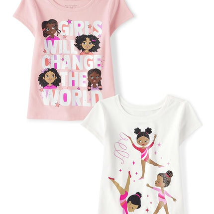 The Children's Place Lot de 2 tee-shirts graphiques à manches courtes assortis pour filles, Filles/Gymnastique, 2 pièces, 4T