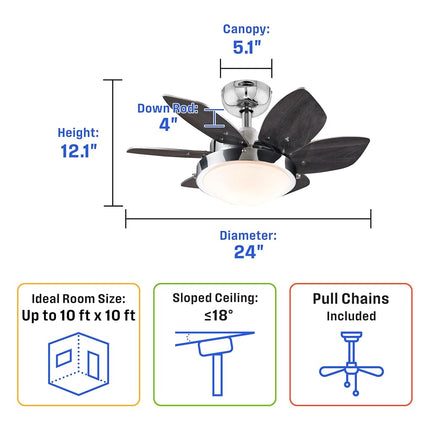Westinghouse Lighting 7236600 Quince Indoor Ceiling Fan with Light, 24 Inch, Chrome