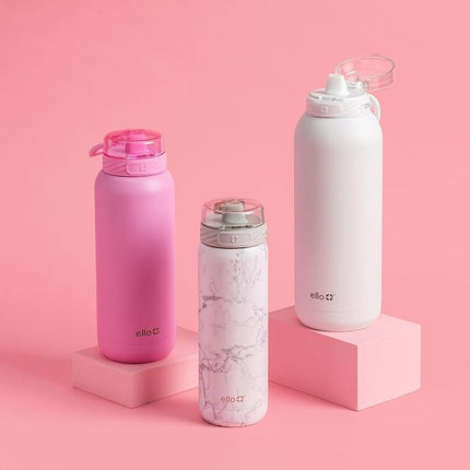 Bouteille d'eau en acier inoxydable pour enfants Ello Cooper 18 oz avec paille et poignée de transport, double paroi et métal isotherme sous vide, couvercle étanche avec bec en silicone souple, réutilisable, sans BPA, blanc